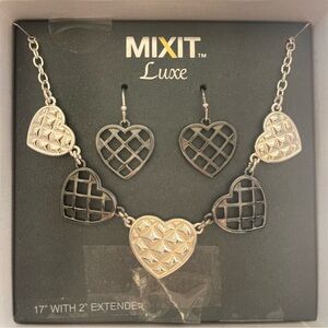 MIXIT Set Heart Necklace with Matching Earrings. Silver and Gunmetal Black NEW